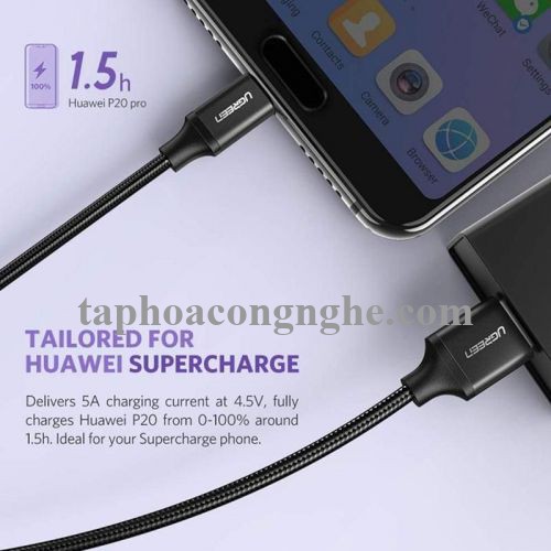 Ugreen 60728 0.25M 5a qc3.0 USB A sang type C 2.0 màu đen cáp sạc và truyền dữ liệu từ máy tính ra điện thoại dài 25cm US279 30060728